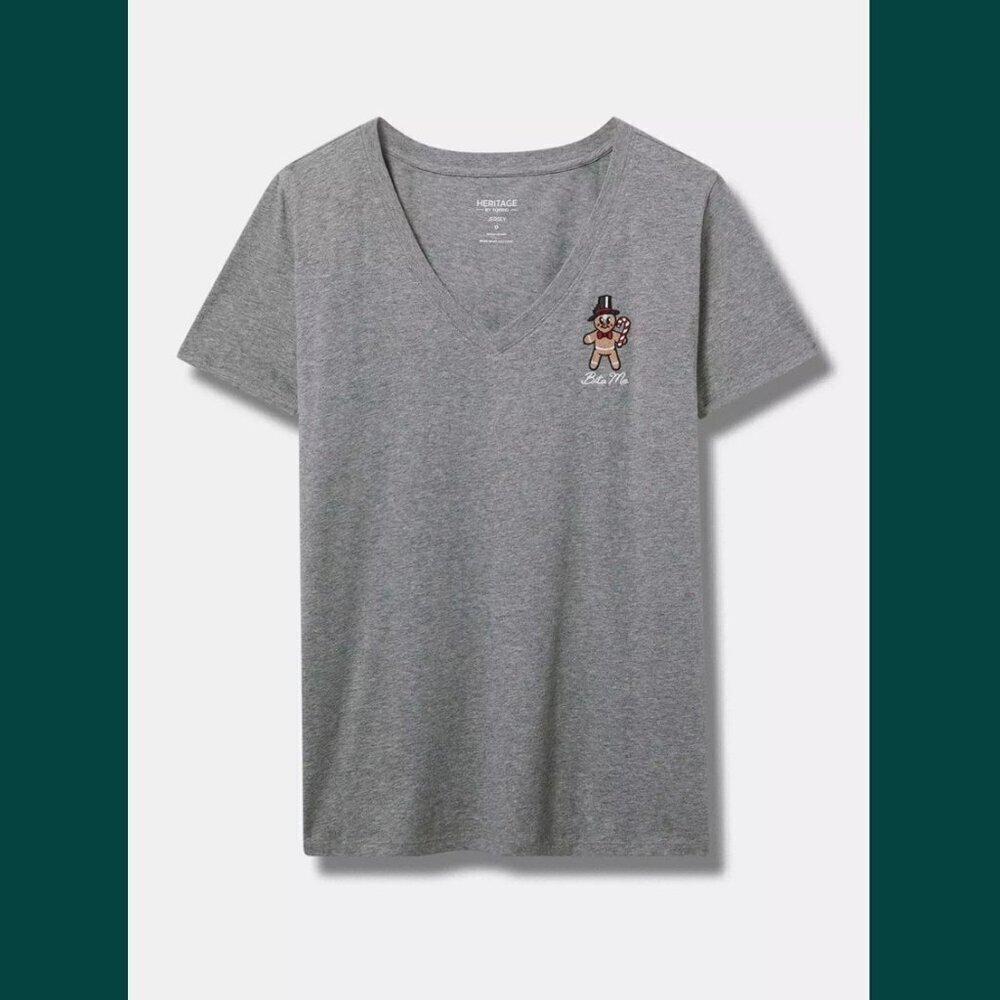 Torrid - Gingerbread Man Classic Fit Heritage Jersey V Neck Tee in Heather Grey
